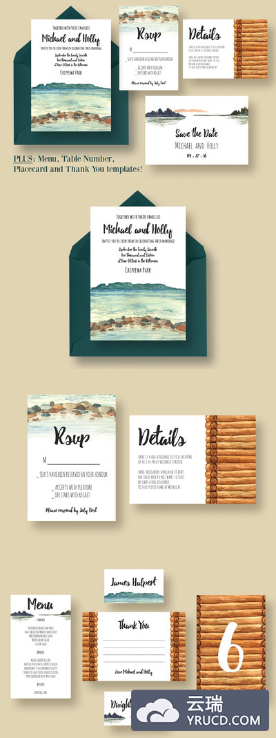 湖边小屋婚礼邀请函模板 Cabin at the Lake Wedding Suite