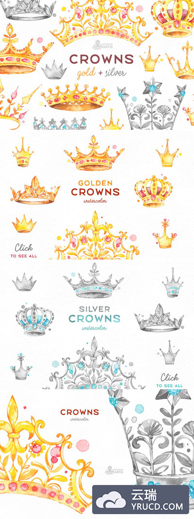 金色皇冠logo设计模板 Crowns. Gold & Silver.