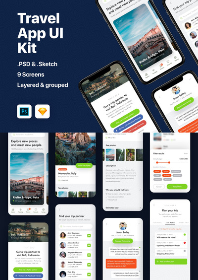 简约时尚专业的高品质旅游旅行APP UI KITS（PSD，SKETCH）