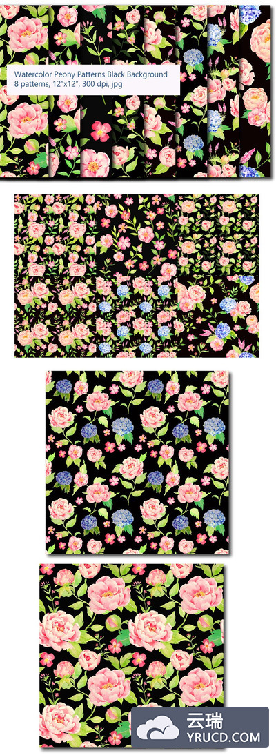 花卉图案背景纹理 Peach Peony, Hydrangea Black Pattern