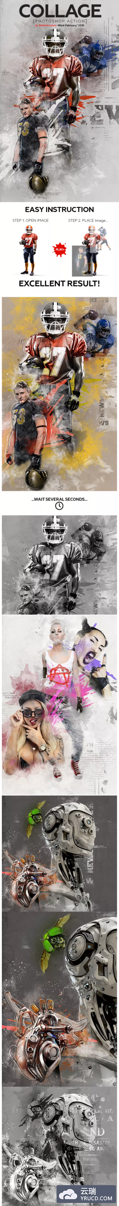 水彩绘制拼贴效果Photoshop动作下载