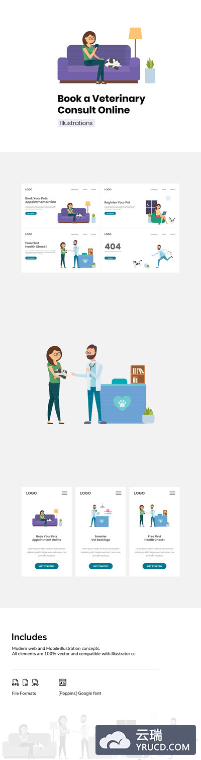 宠物医院兽医诊所服务概念插画下载[Ai]