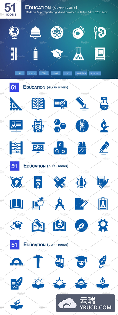 教育字形图标 51 Education Glyph Icons