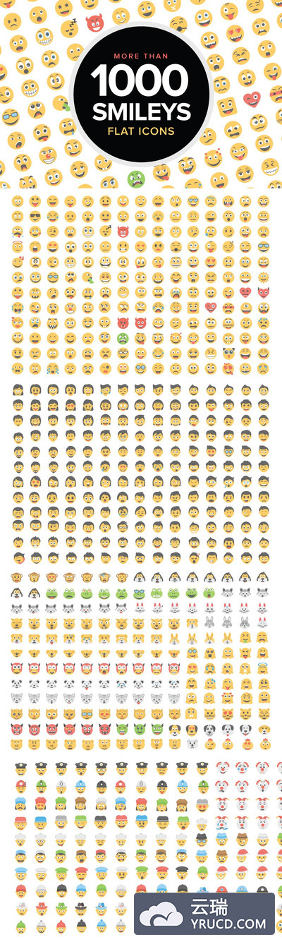 1000个扁平的笑脸图标 1000 Flat Smiley Icons