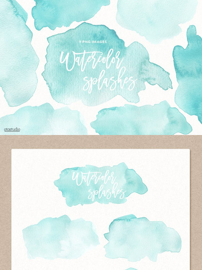蓝色水彩肌理插画 Mint Watercolor Splashes & Textures