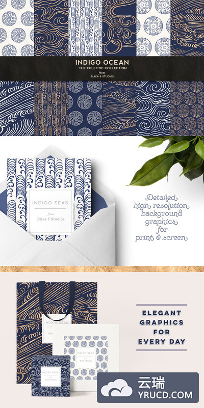 日式烫金海洋背景纹理 Indigo Ocean of Gold Japanese Waves