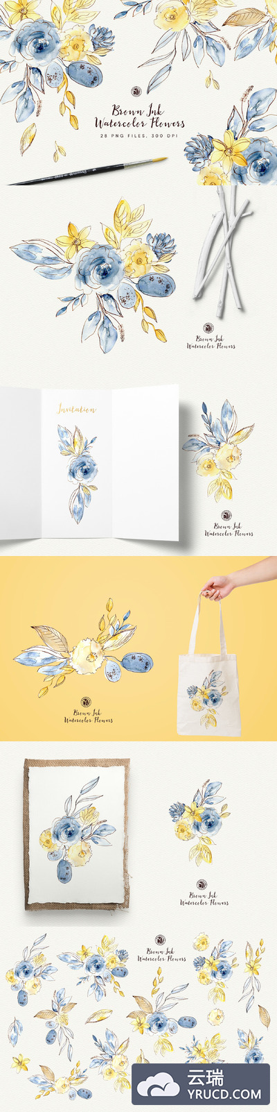 水彩墨水花卉插画 Brown Ink Watercolor Flowers