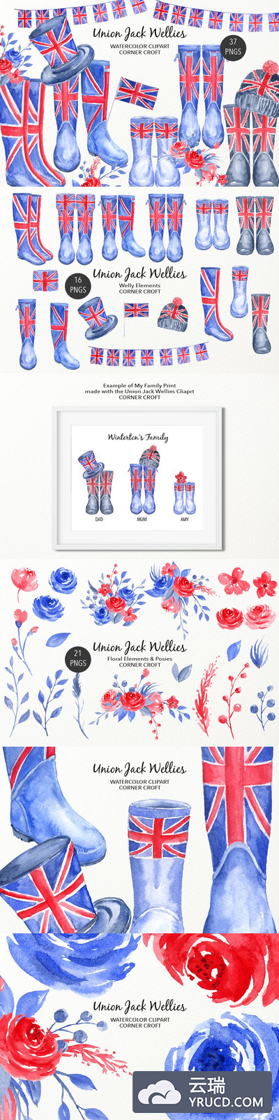 水彩英国国旗雨靴插图 Watercolour Union Jack Rain Boots