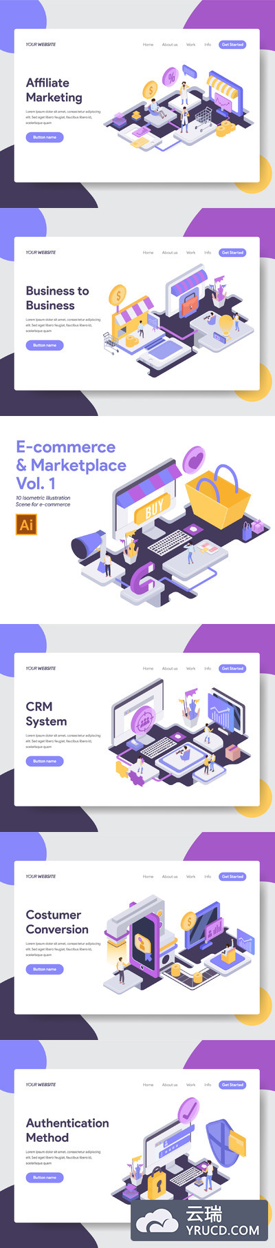 2.5D电商市场概念插画套装下载[Ai]