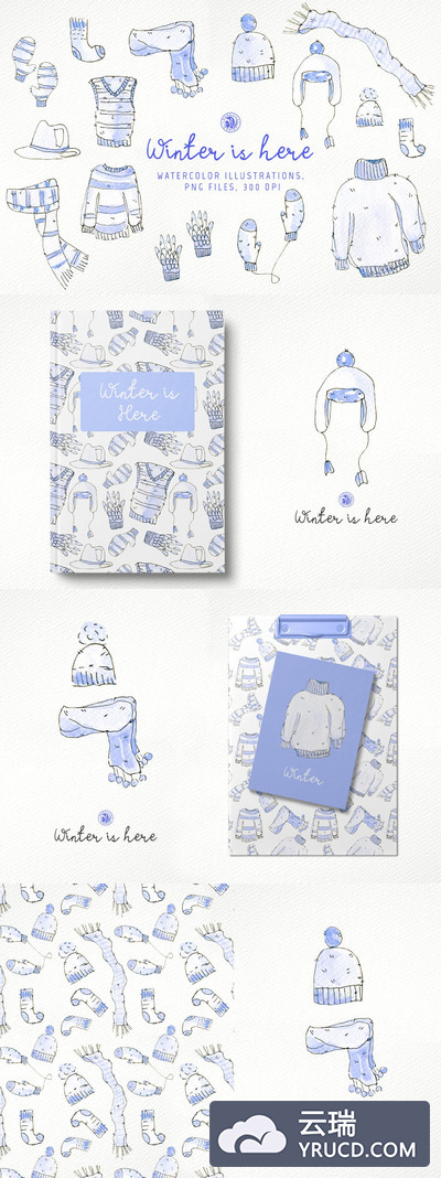 水彩 | 冬季保暖衣物围巾帽子手套毛衣水彩手绘元素无缝模式图案