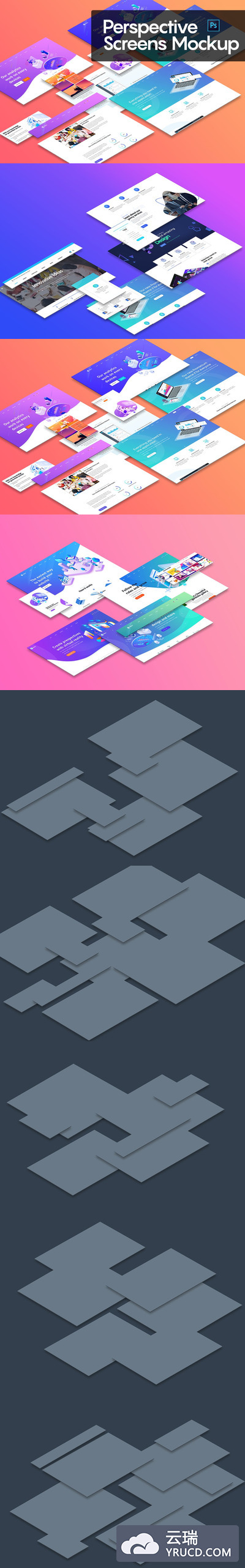 样机 | 透视屏幕5种等距视角网站展示模型高分辨率