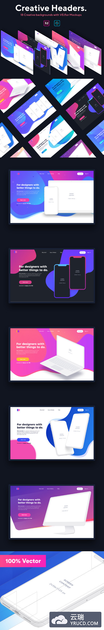 酷炫时尚的手机和电脑网页头展示样机下载[PSD,XD,APP和网页设计展示]