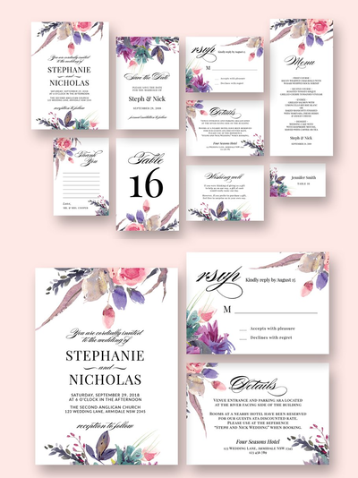 水彩婚礼邀请函模板 Watercolor Meadow Script Wedding