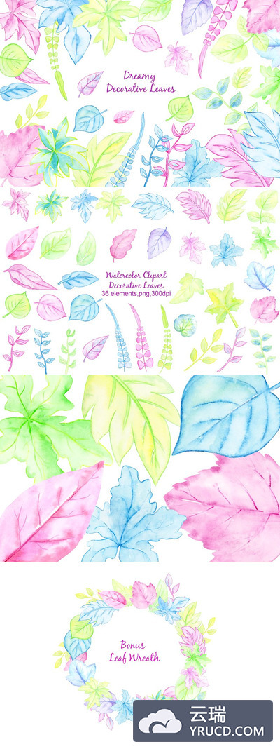 柔和梦幻的水彩叶子 Watercolor Pastel Dreamy Leaves