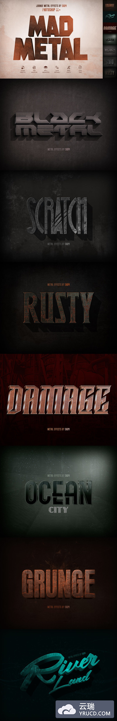 时尚高端震撼的逼真金属质感3D立体图层样式集合