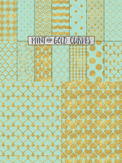 薄荷和金箔背景纹理 Mint and Gold Foil Backgrounds