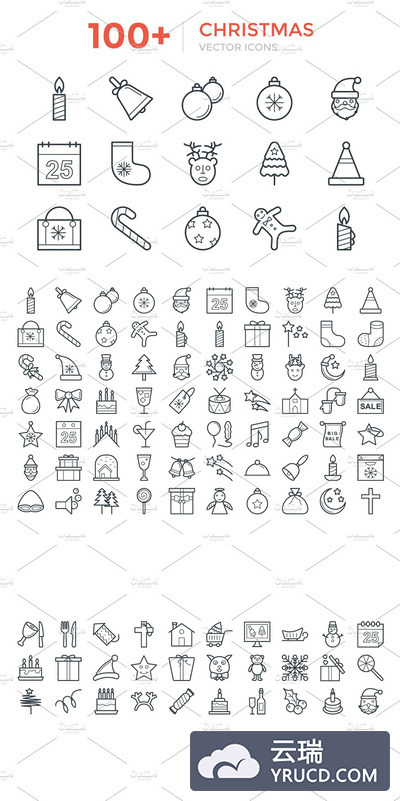 100+圣诞矢量图标 100+ Christmas Vector Icons