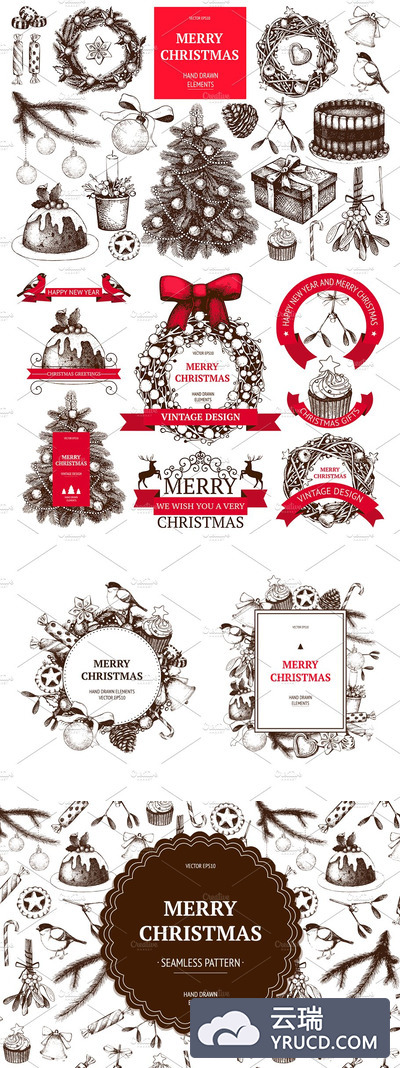 墨水手绘经典矢量圣诞插图 Vintage Christmas Illustrations