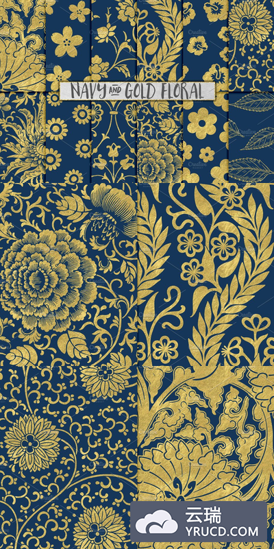海军蓝和金色的花卉背景纹理 Navy and Gold Floral Backgrounds
