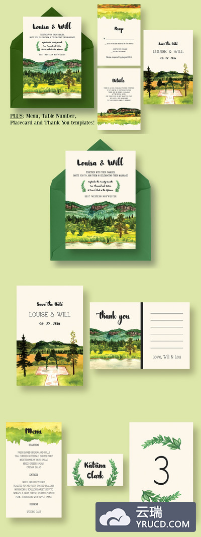 山村乡村邀请函模板 Country Mountain Invitation Suite