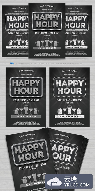 欢乐时光粉笔黑板海报制作模板 Happy Hour Flyer