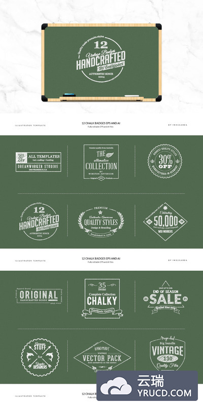 粉笔黑板徽章矢量插画 12 Chalk Badges EPS and AI