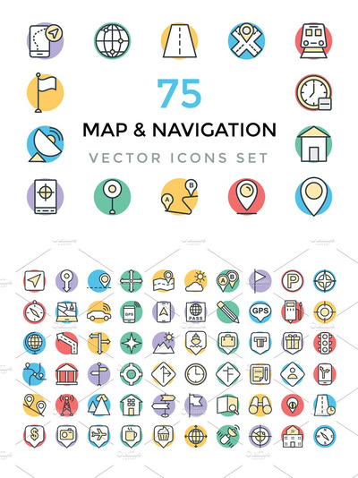 地图和导航矢量图标素材 75 Maps and Navigation Vector Icons