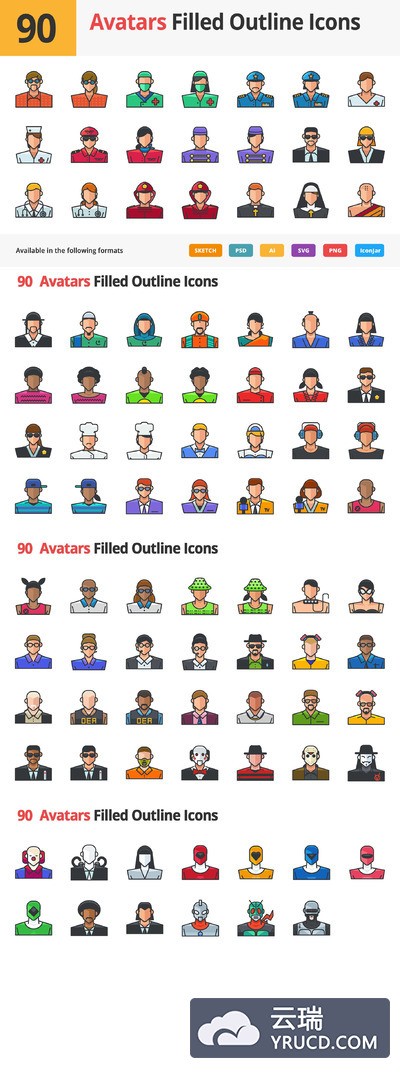 虚拟游戏图标素材 90 Avatars Filled Outline Icons