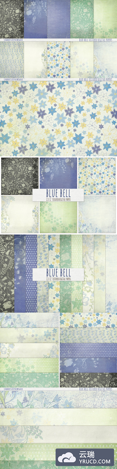 蓝色铃铛花纹理背景 Blue Bell Floral Textured Background