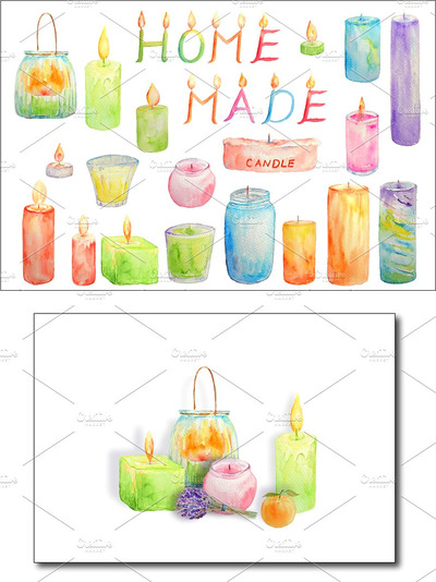 水彩蜡烛剪贴画 Watercolor Clipart Glowing Candles