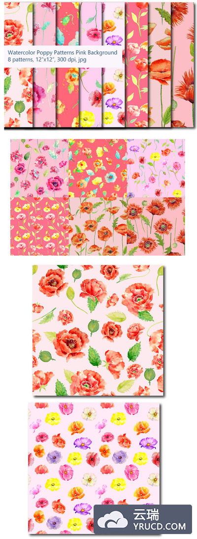 粉红色的主题水彩罂粟花图案 Watercolor Poppy Pattern Pink Theme