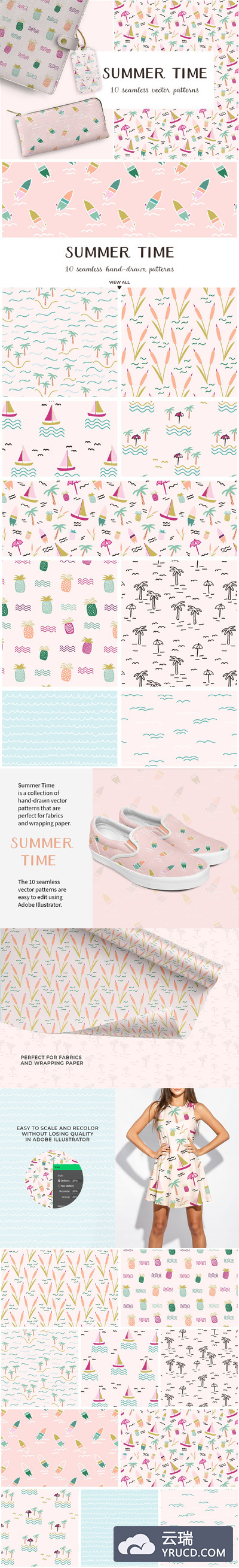 可爱的夏季卡通矢量图案 Summer Time Vector Patterns