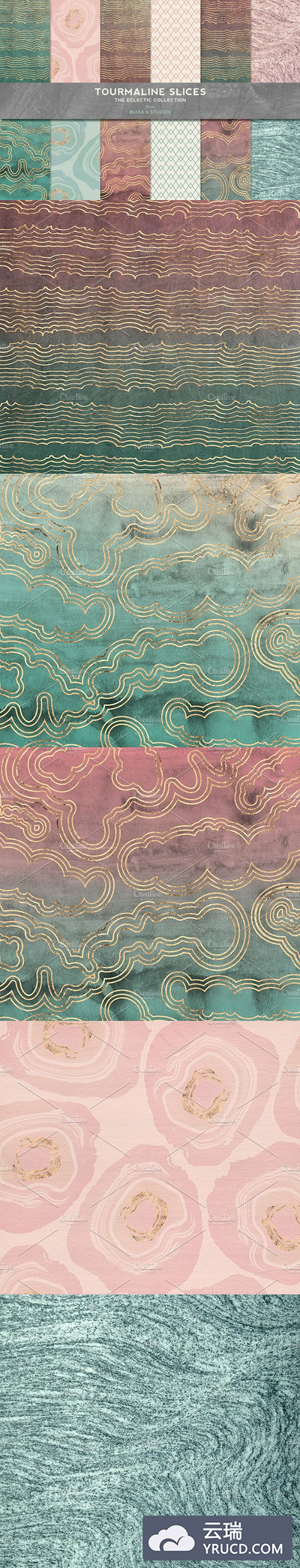 大理石波纹背景纹理 Tourmaline Sliced Gold & Watercolors