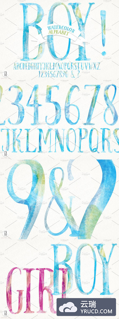 水彩婴儿字体插画 Watercolor baby boy alphabet