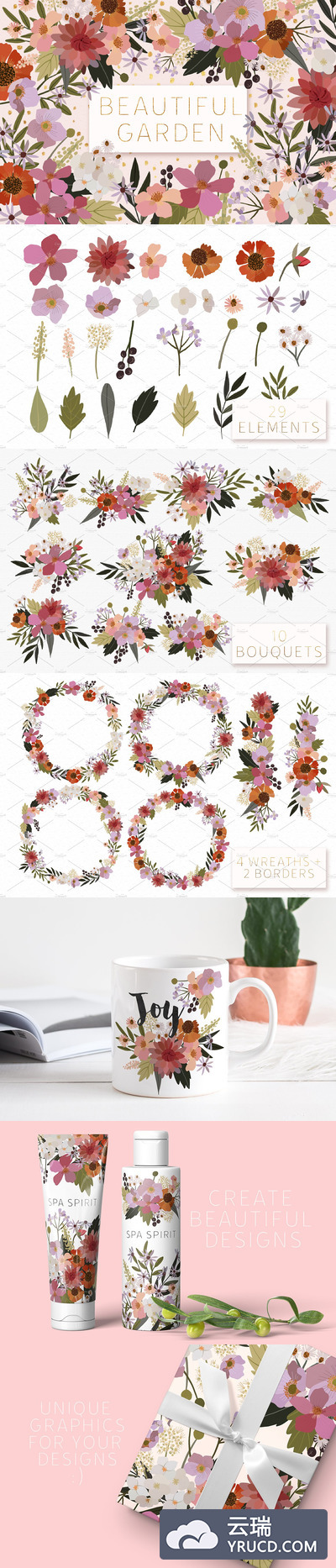 美丽花园花卉水彩插画矢量集 Beautiful Garden Vector Collection