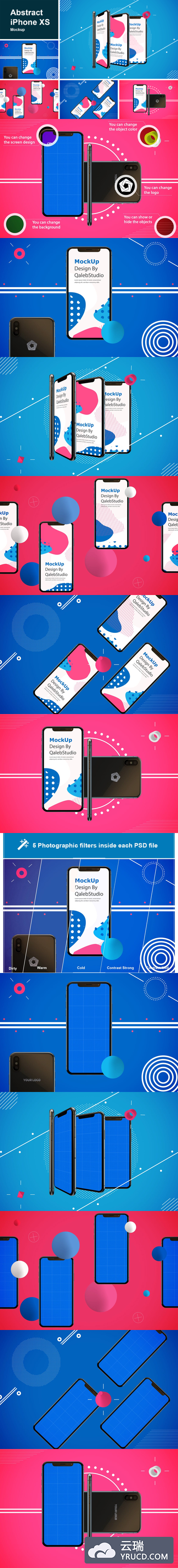 带创意背景设计的多角度苹果设备样机iPhone X下载[PSD]