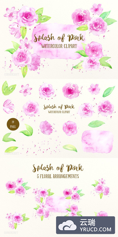 粉色水彩花卉剪贴画 Watercolor Clipart Splash of Pink