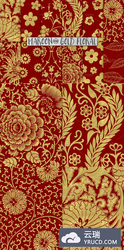 栗色和金色的碎花纸传单设计 Maroon and Gold Floral Papers