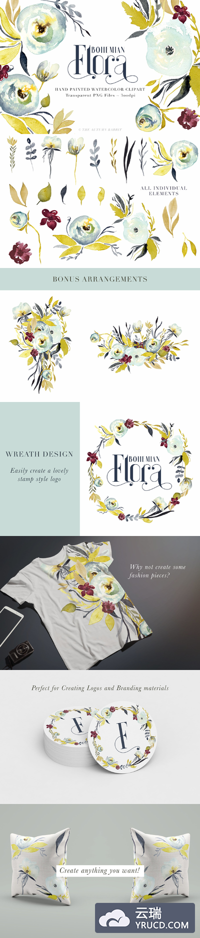 波希米亚花卉水彩logo设计 Bohemian Flora - Watercolor Clipart