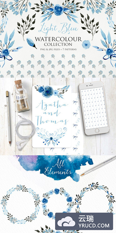 水彩花卉元素插画 Light Blue Watercolour Elements