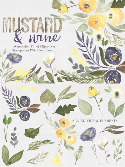 芥末水彩花卉logo设计剪贴画集 Mustard & wine Floral Clipart Set