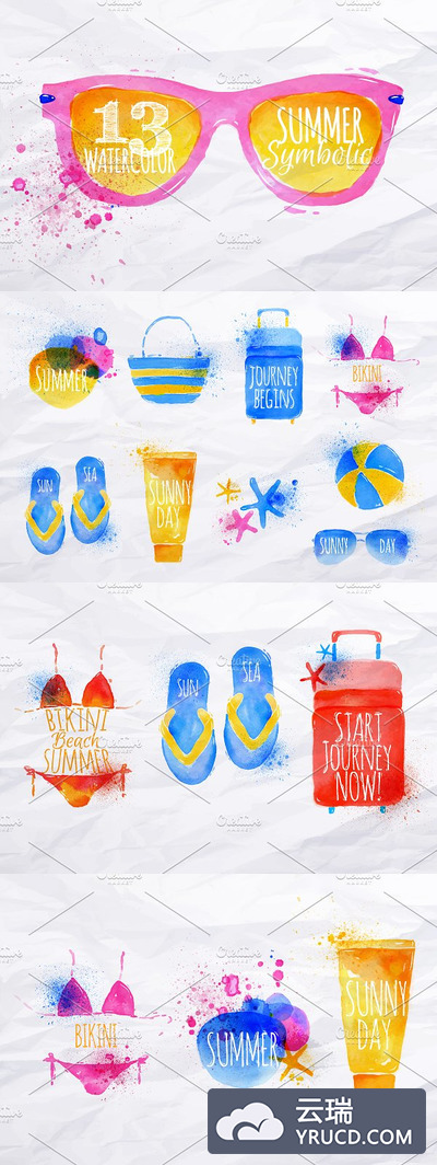 夏天水彩插画 Set Watercolor summer