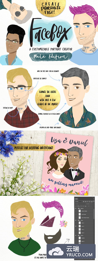 手绘男士肖像插画 Male Portrait Creator- “FaceBox”