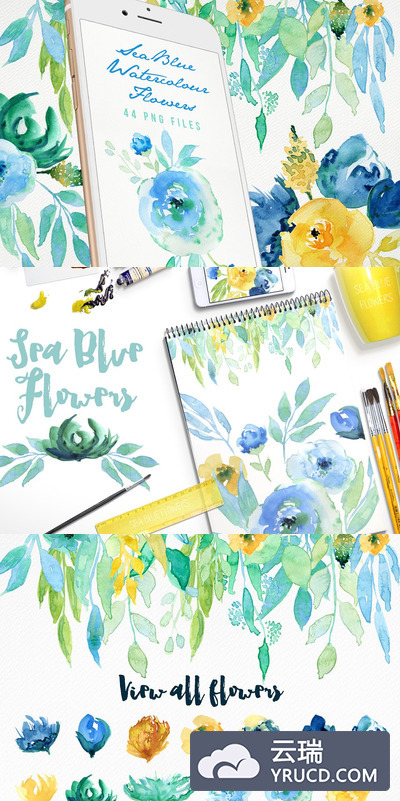 海洋水彩插画 Sea Blue Flowers
