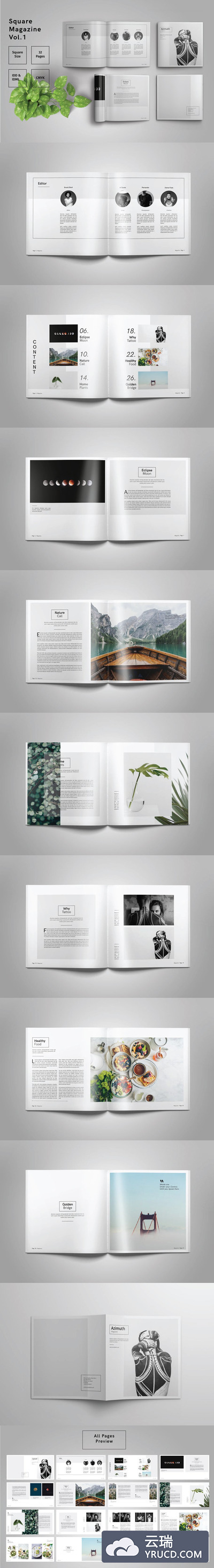 高品质的时尚简约方形InDesign杂志设计模板