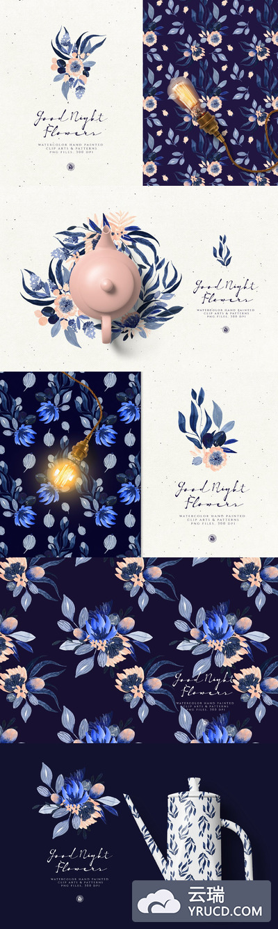 时尚高端清新简约优雅多用途手绘花卉水彩剪贴画和无缝模式底纹纹理集合