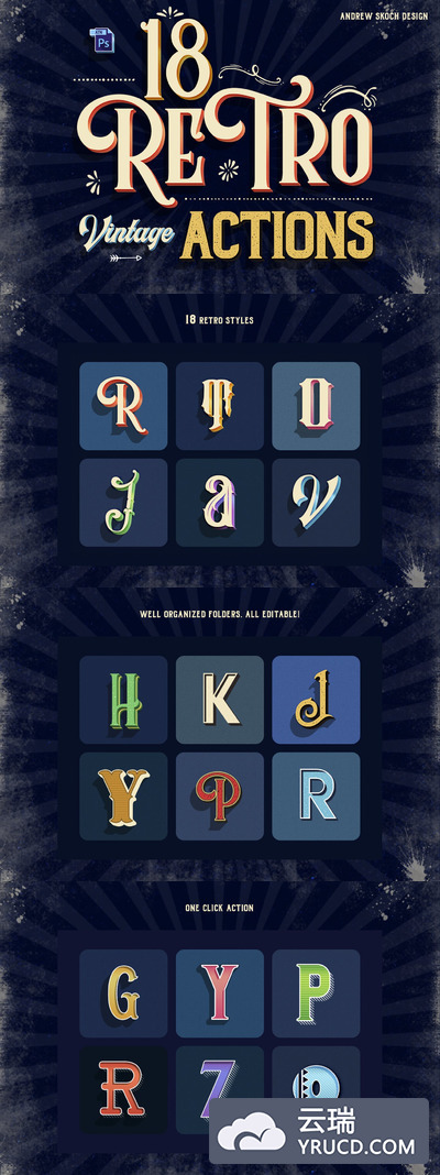 时尚高端复古质感的3D立体标题图层样式动作预设集合