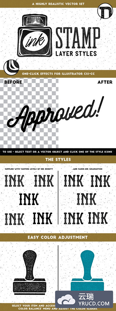 图层样式 | AI矢量10种不同湿润真实逼真高品质墨水肌理纹理印章徽标