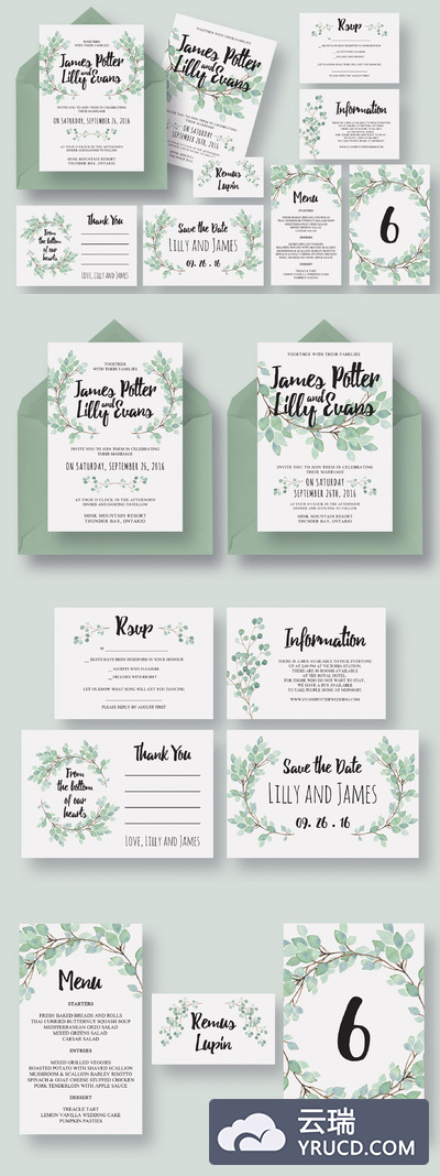 婚礼邀请函素材模板 Eucalyptus Wedding Invitation Suite