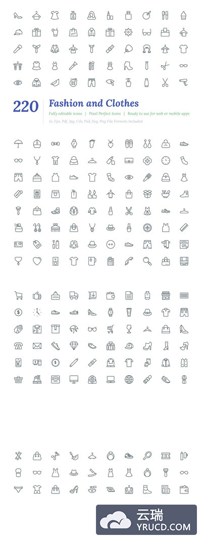 时尚时装和服装系列图标 220 Fashion and Clothes Line Icons